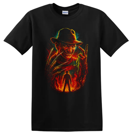 Freddy Krueger horror artwork with fedora, razor glove, and flames T shirt on a Black T Shirt