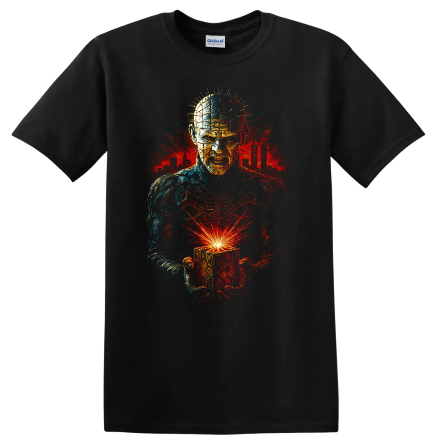 Hellraiser-inspired horror figure holding a glowing cube T Shirt on a Black T Shirt