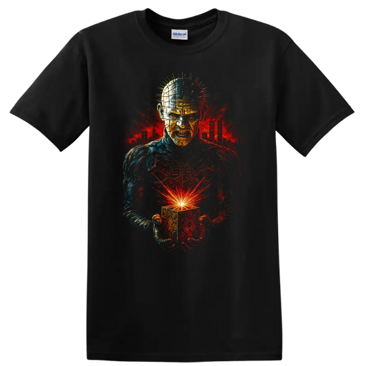 Hellraiser-inspired horror figure holding a glowing cube T Shirt on a Black T Shirt