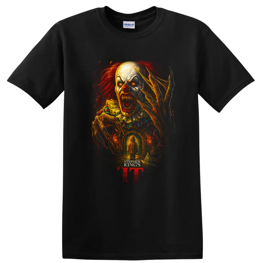 Pennywise horror clown artwork with Stephen King's IT text on a black T-shirt on a Black T Shirt