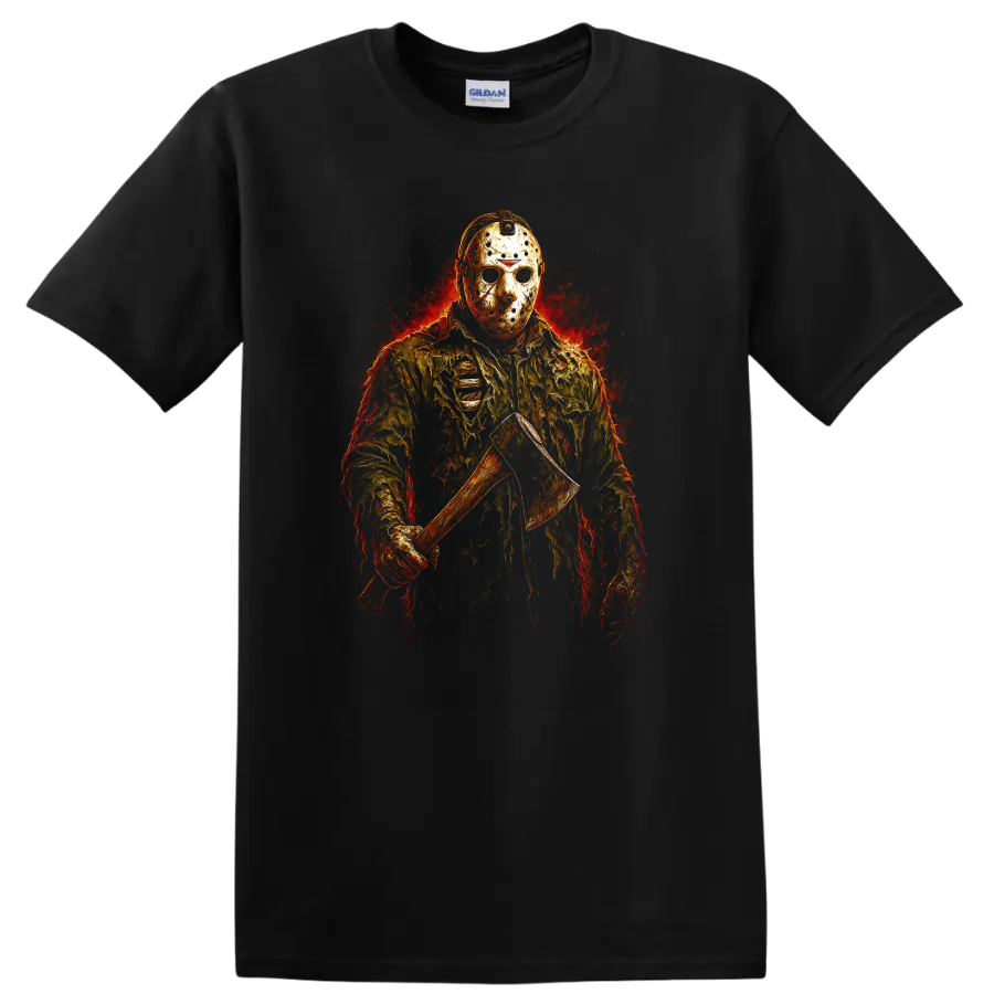 Fiery masked slasher holding an axe, Friday the 13th horror style T shirt on a Black T Shirt