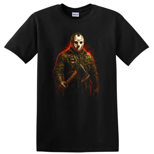 Fiery masked slasher holding an axe, Friday the 13th horror style T shirt on a Black T Shirt