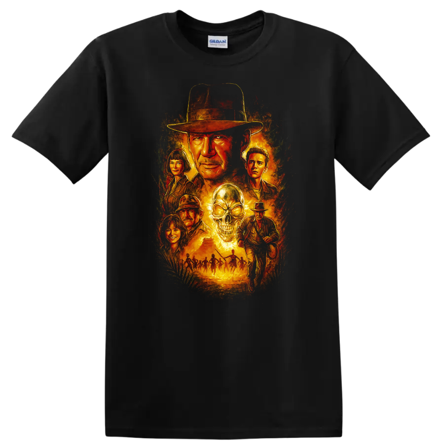 Vintage The Great Gatsby movie art with fiery portrait collage and skull graphic on a T - Black
