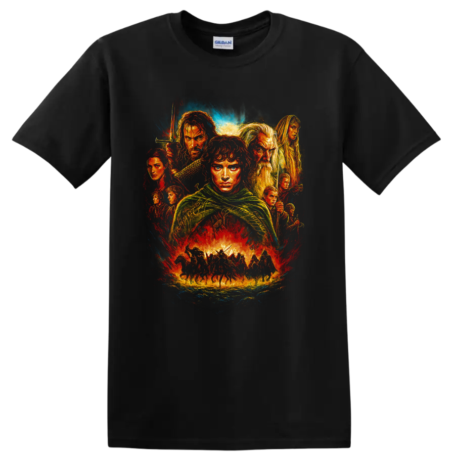 The Lord of the Rings fantasy character collage with dramatic painted movie artwork T shirt on a Black T Shirt