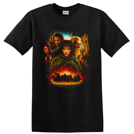 The Lord of the Rings fantasy character collage with dramatic painted movie artwork T shirt on a Black T Shirt