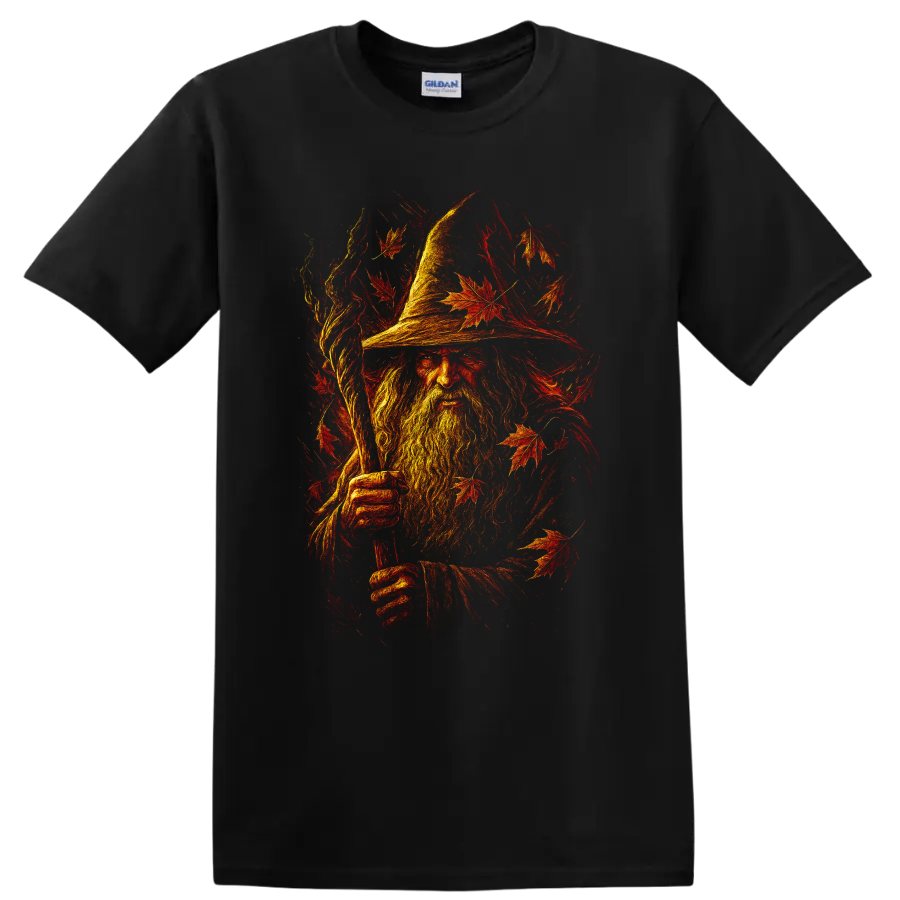 Wizard portrait surrounded by fiery autumn leaves graphic T Shirt on a Black T Shirt
