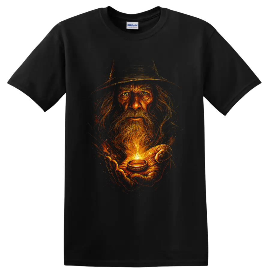 Fiery wizard holding a glowing ring fantasy graphic T shirt on a Black T Shirt