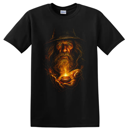 Fiery wizard holding a glowing ring fantasy graphic T shirt on a Black T Shirt