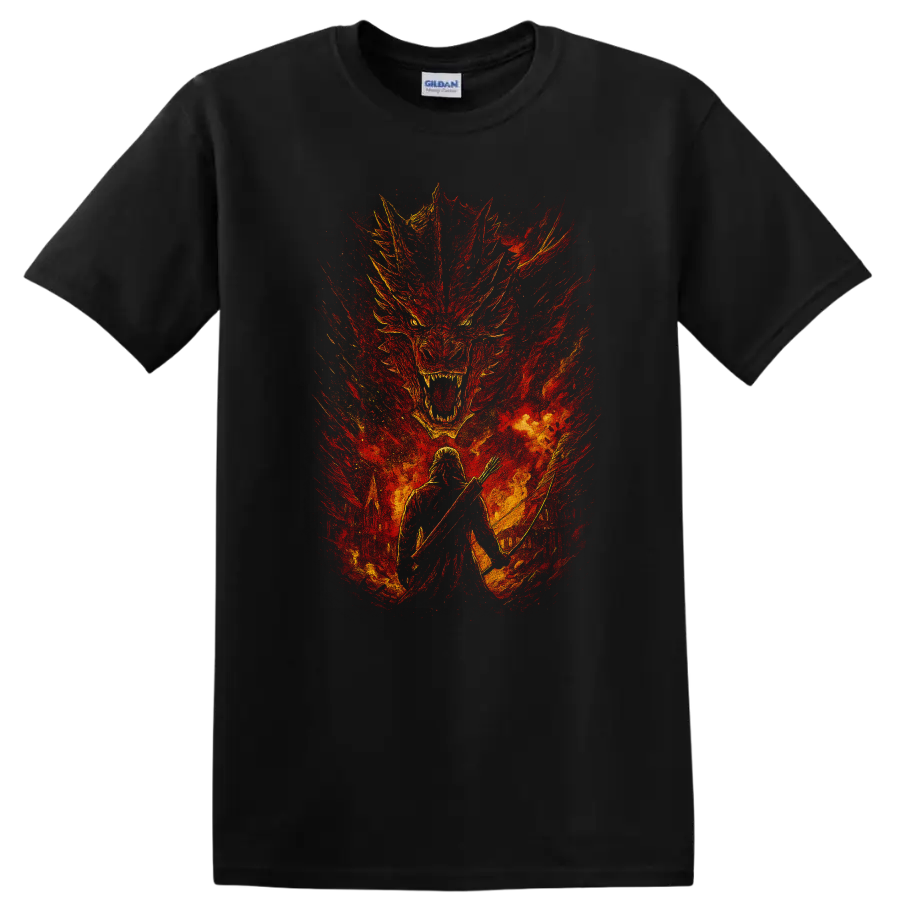 Fiery Game of Thrones dragon and warrior fantasy graphic T Shirt on a Black T Shirt