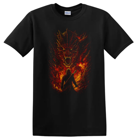 Fiery Game of Thrones dragon and warrior fantasy graphic T Shirt on a Black T Shirt