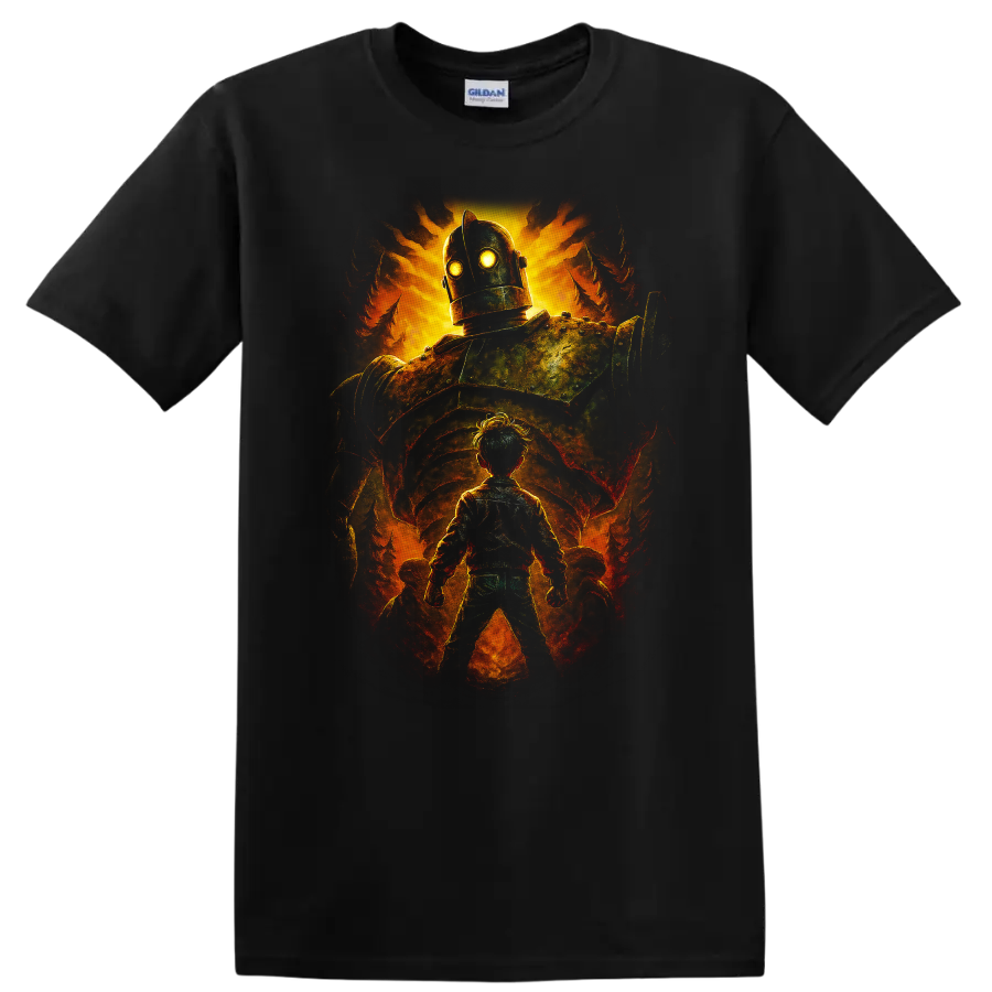The Iron Giant glowing movie art design with giant robot and child, T shirt on a Black T Shirt