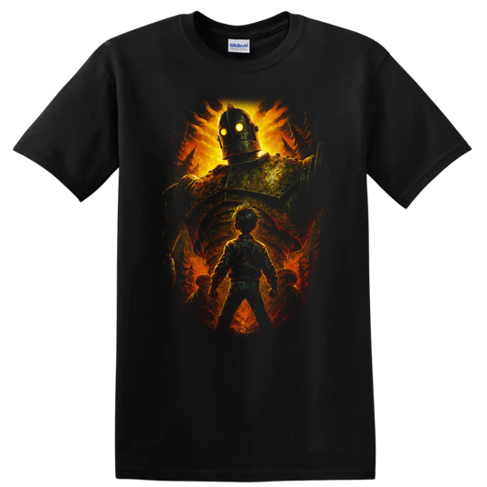 The Iron Giant glowing movie art design with giant robot and child, T shirt on a Black T Shirt