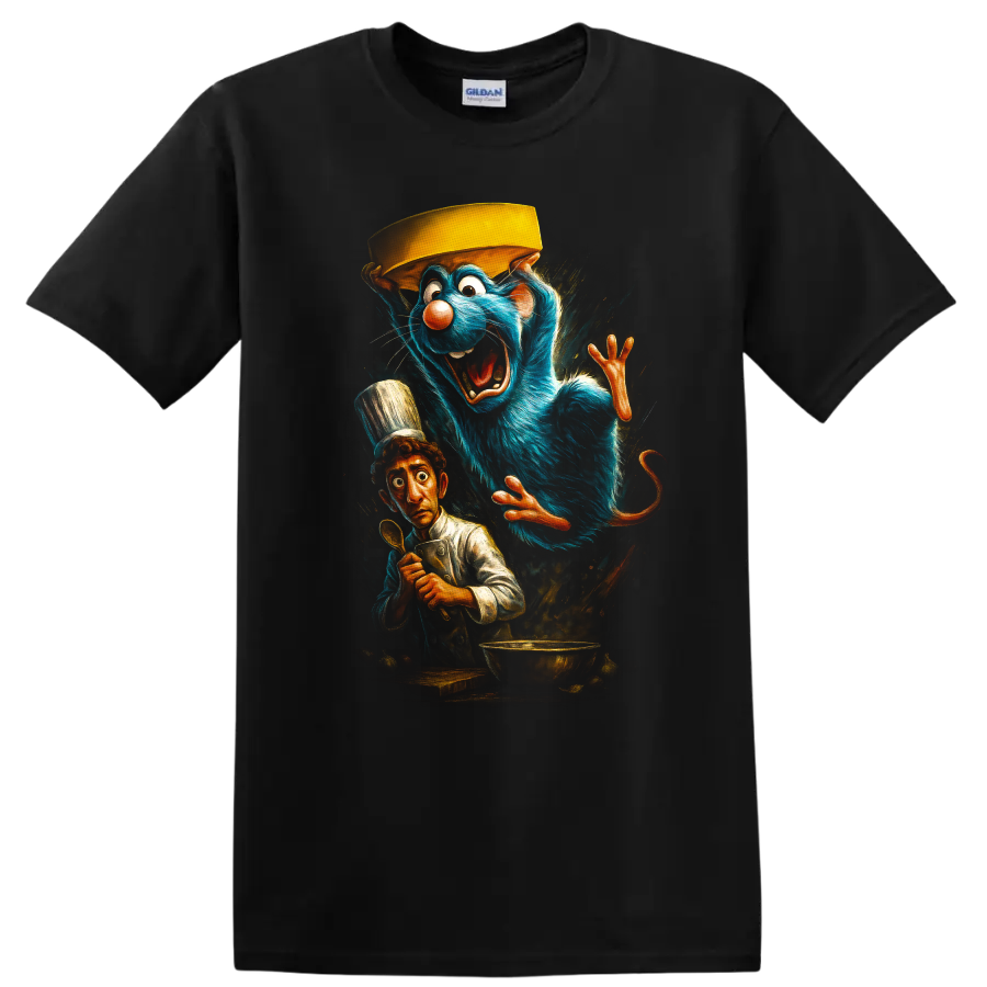 Animated blue rat chef and startled cook Ratatouille inspired T Shirt graphic on a Black T Shirt