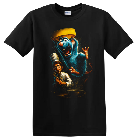 Animated blue rat chef and startled cook Ratatouille inspired T Shirt graphic on a Black T Shirt