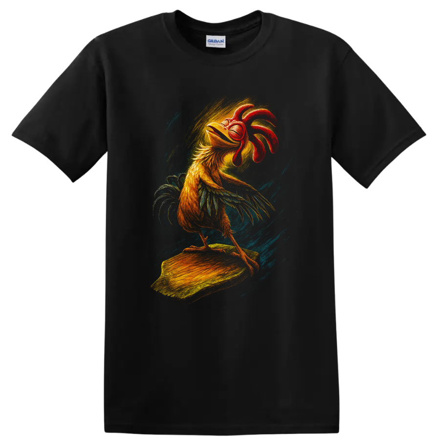 Rooster surfing artwork with bold retro colors on a T shirt on a Black T Shirt