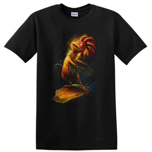 Rooster surfing artwork with bold retro colors on a T shirt on a Black T Shirt