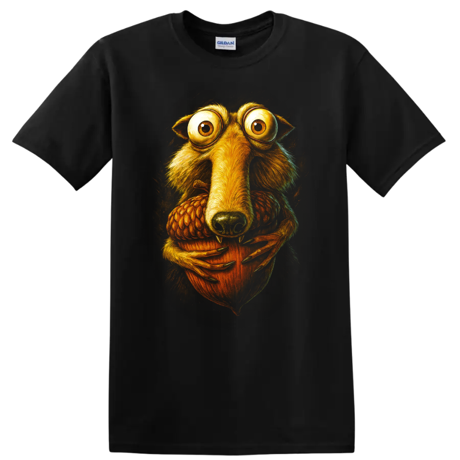 Wide-eyed Scrat holding an acorn, Ice Age character art T-shirt design on a Black T Shirt