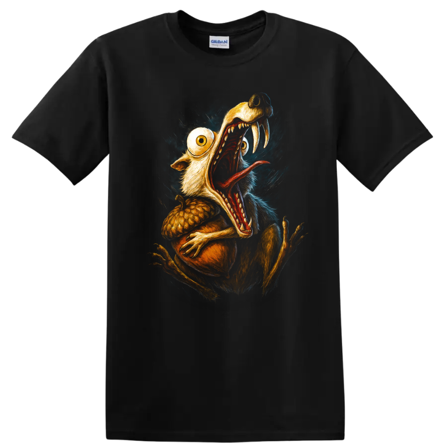 Scrat from Ice Age screaming with oversized eyes and sharp teeth graphic T shirt on a Black T Shirt