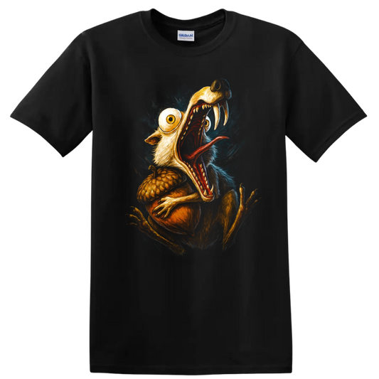 Scrat from Ice Age screaming with oversized eyes and sharp teeth graphic T shirt on a Black T Shirt