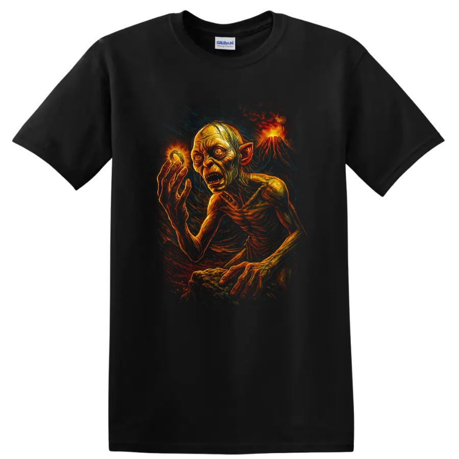 Fiery Gollum horror-style fantasy art on black T shirt on a Black T Shirt
