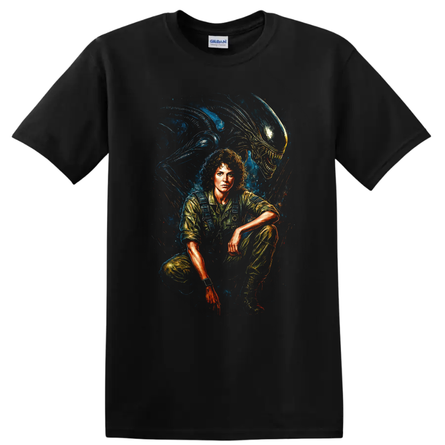 Alien movie inspired portrait with xenomorph creature in dramatic sci-fi horror style T-shirt on a Black T Shirt