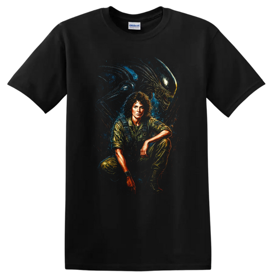 Alien movie inspired portrait with xenomorph creature in dramatic sci-fi horror style T-shirt on a Black T Shirt