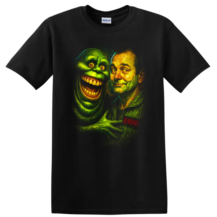 Ghostbusters-inspired portrait of Venkman with a grinning green ghost T - Black
