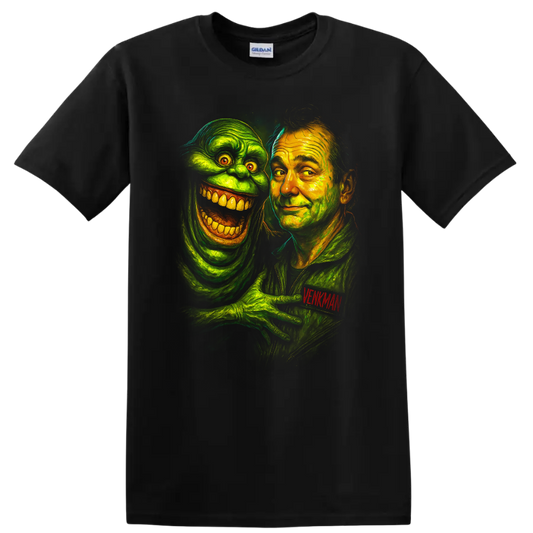 Ghostbusters-inspired portrait of Venkman with a grinning green ghost T shirt on a Black T Shirt