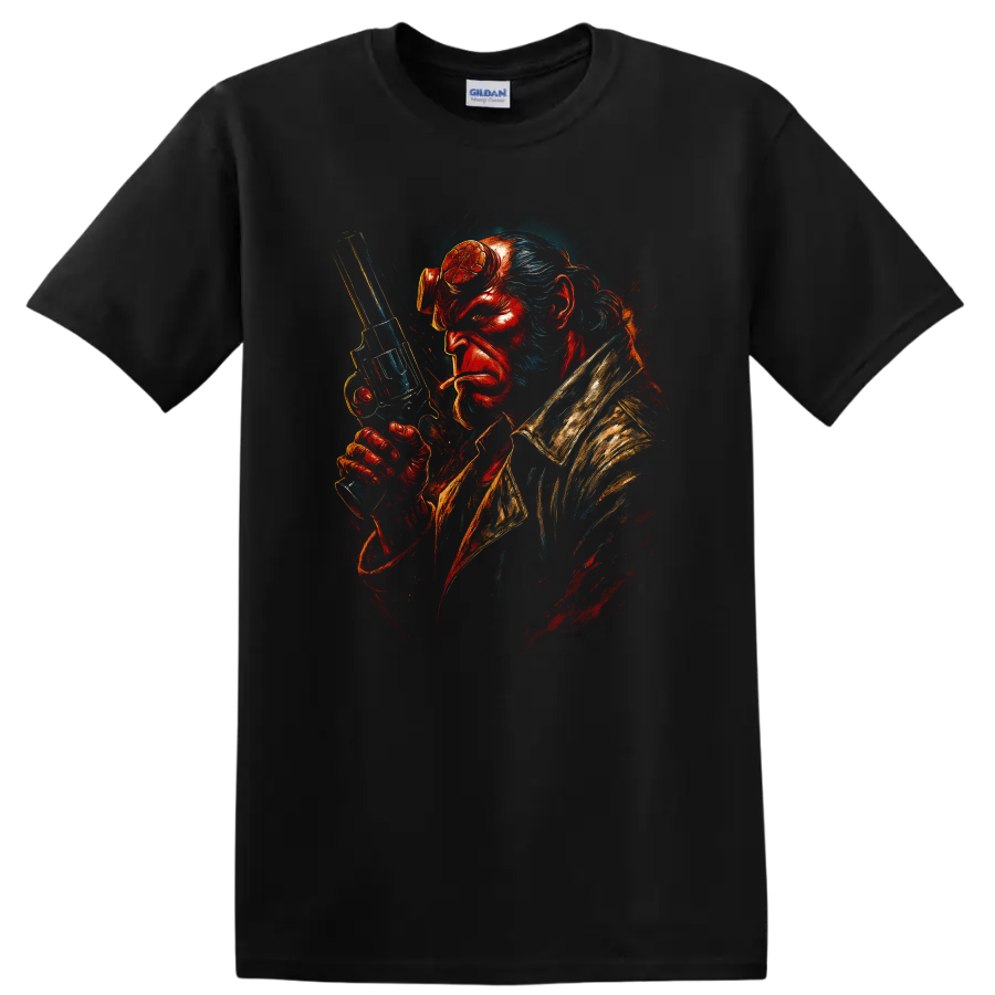 Hellboy dramatic portrait holding revolver graphic T shirt on a Black T Shirt