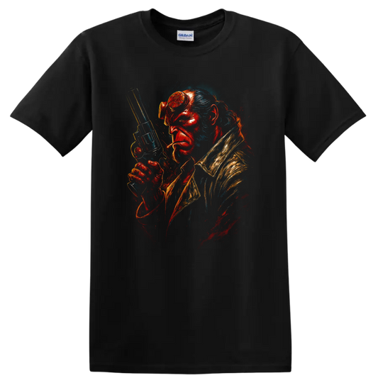 Hellboy dramatic portrait holding revolver graphic T shirt on a Black T Shirt