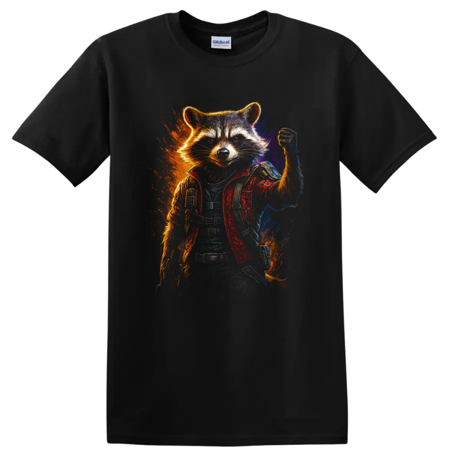 Guardians of the Galaxy inspired Rocket Raccoon hero in action pose T Shirt on a Black T Shirt