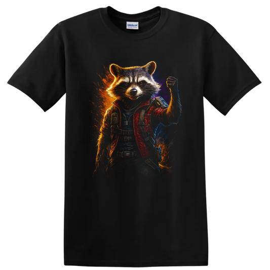 Guardians of the Galaxy inspired Rocket Raccoon hero in action pose T Shirt on a Black T Shirt