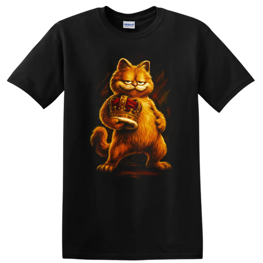 Angry orange Garfield-inspired cat holding a jeweled crown on a black T shirt on a Black T Shirt