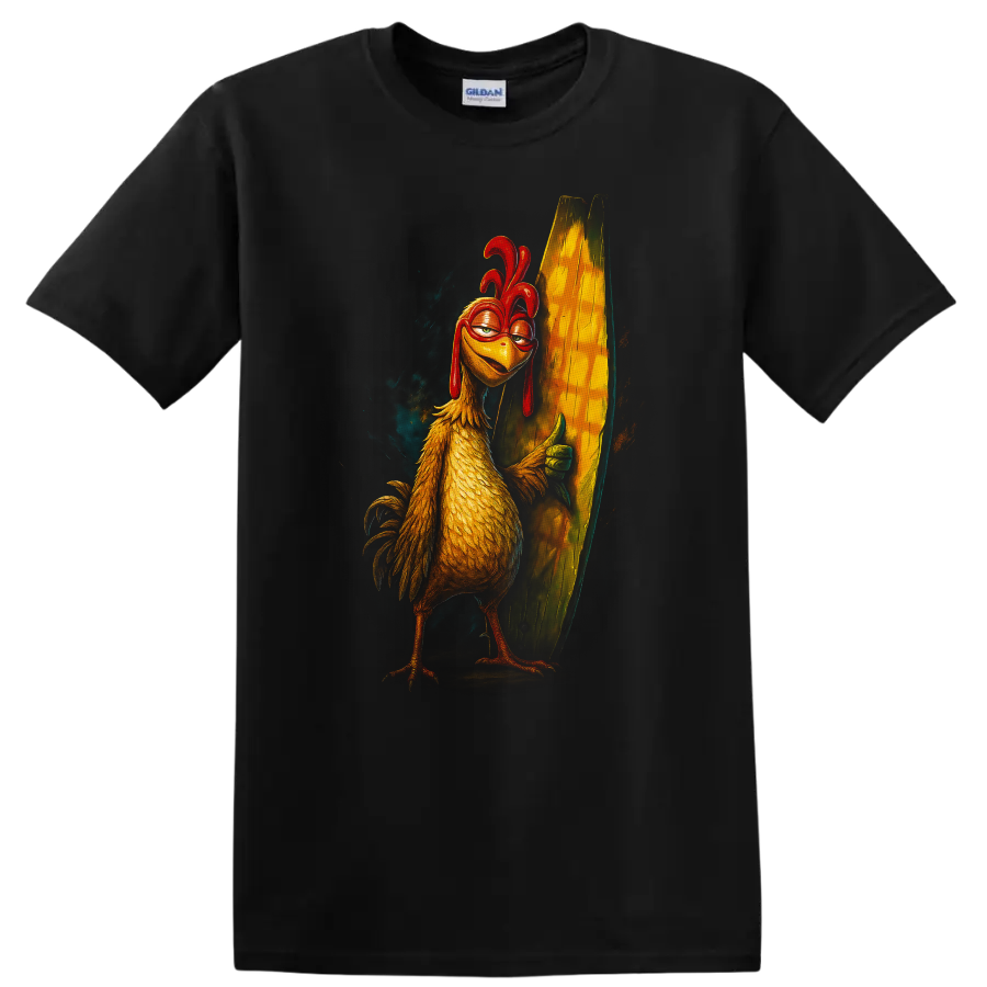 Surf's Up inspired chicken surfer holding a surfboard graphic T-shirt on a Black T Shirt