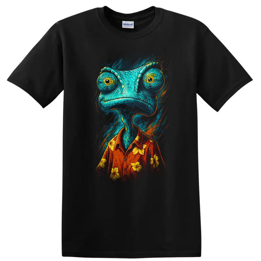 Colorful chameleon character in red Hawaiian shirt, Rango-inspired graphic T shirt on a Black T Shirt
