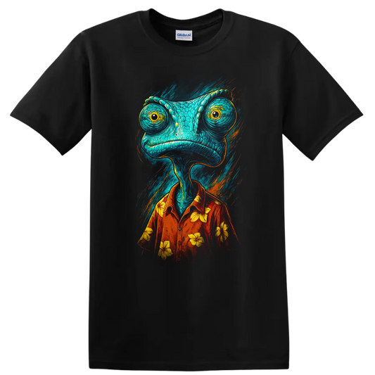 Colorful chameleon character in red Hawaiian shirt, Rango-inspired graphic T shirt on a Black T Shirt