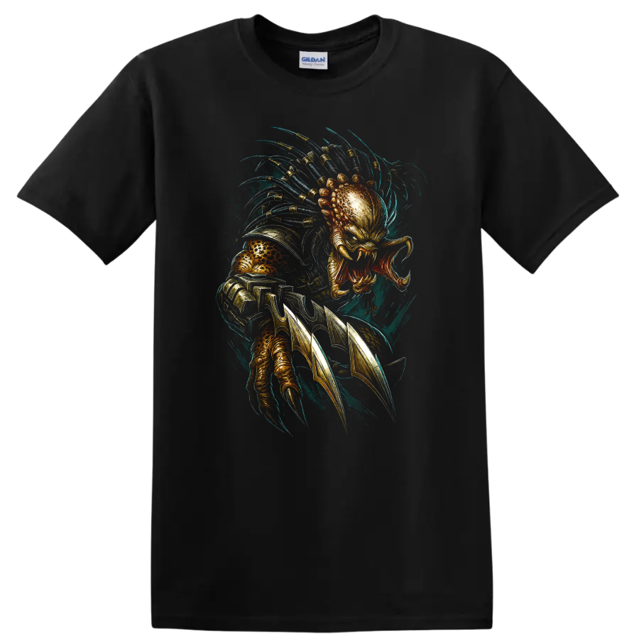 Predator-inspired alien hunter graphic with claws, armor detail, and dramatic sci-fi design on T shirt on a Black T Shirt