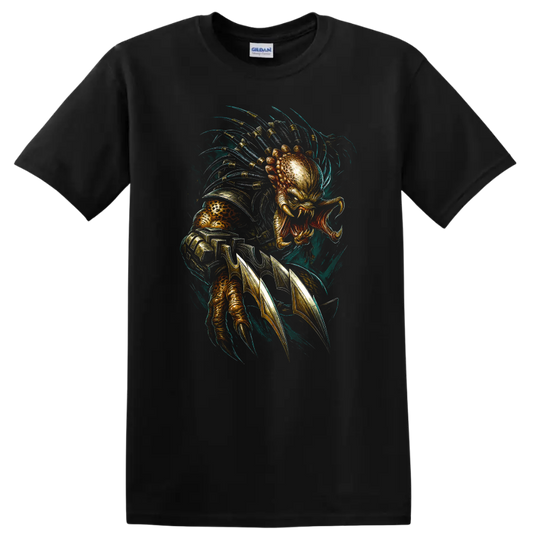 Predator-inspired alien hunter graphic with claws, armor detail, and dramatic sci-fi design on T shirt on a Black T Shirt
