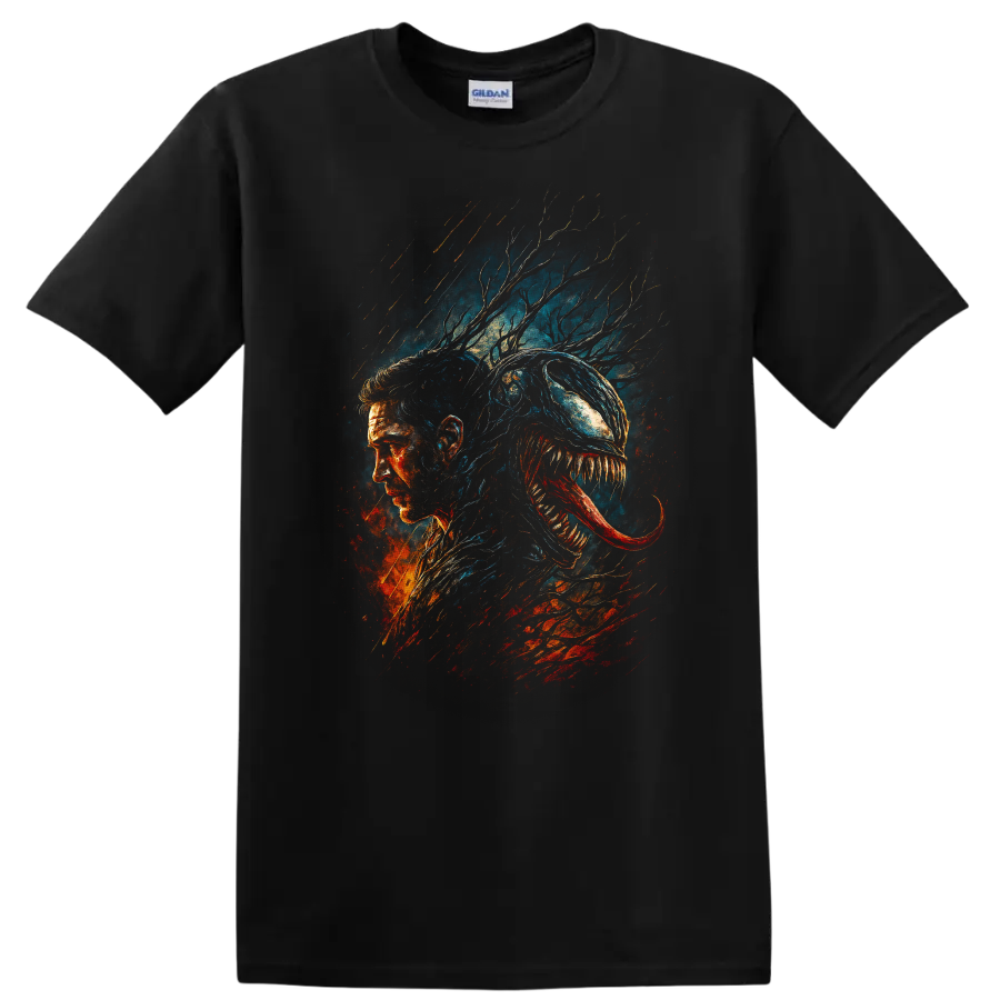Venom-inspired symbiote portrait graphic T-shirt with dark comic style on a Black T Shirt