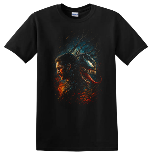 Venom-inspired symbiote portrait graphic T-shirt with dark comic style on a Black T Shirt