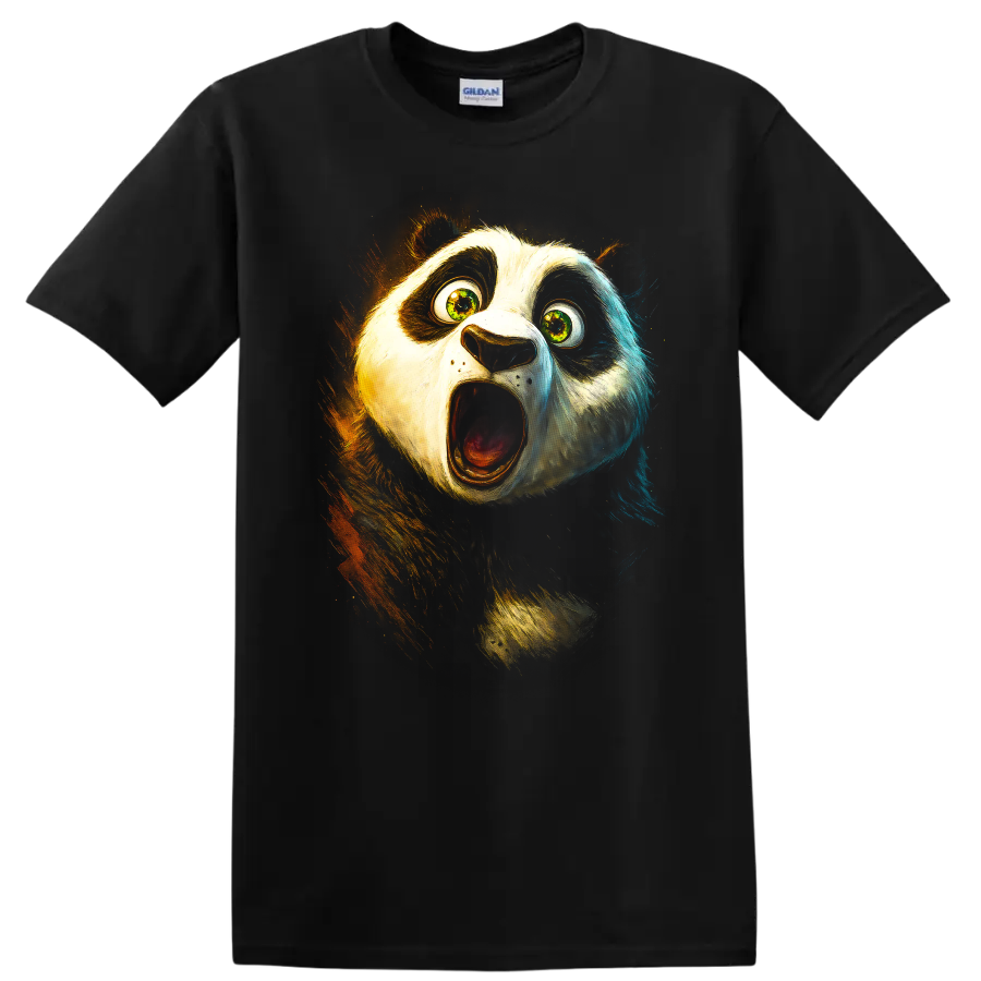 Shocked panda face graphic with wide eyes and open mouth on black T shirt on a Black T Shirt