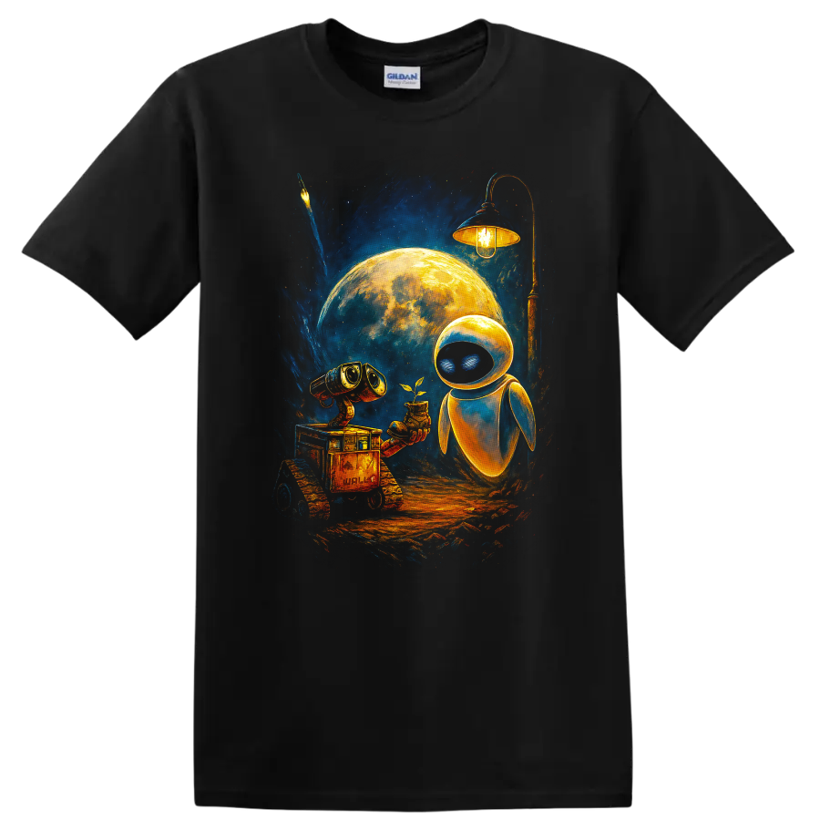 WALL-E and EVE moonlight sci fi artwork with glowing robot and plant T-shirt on a Black T Shirt