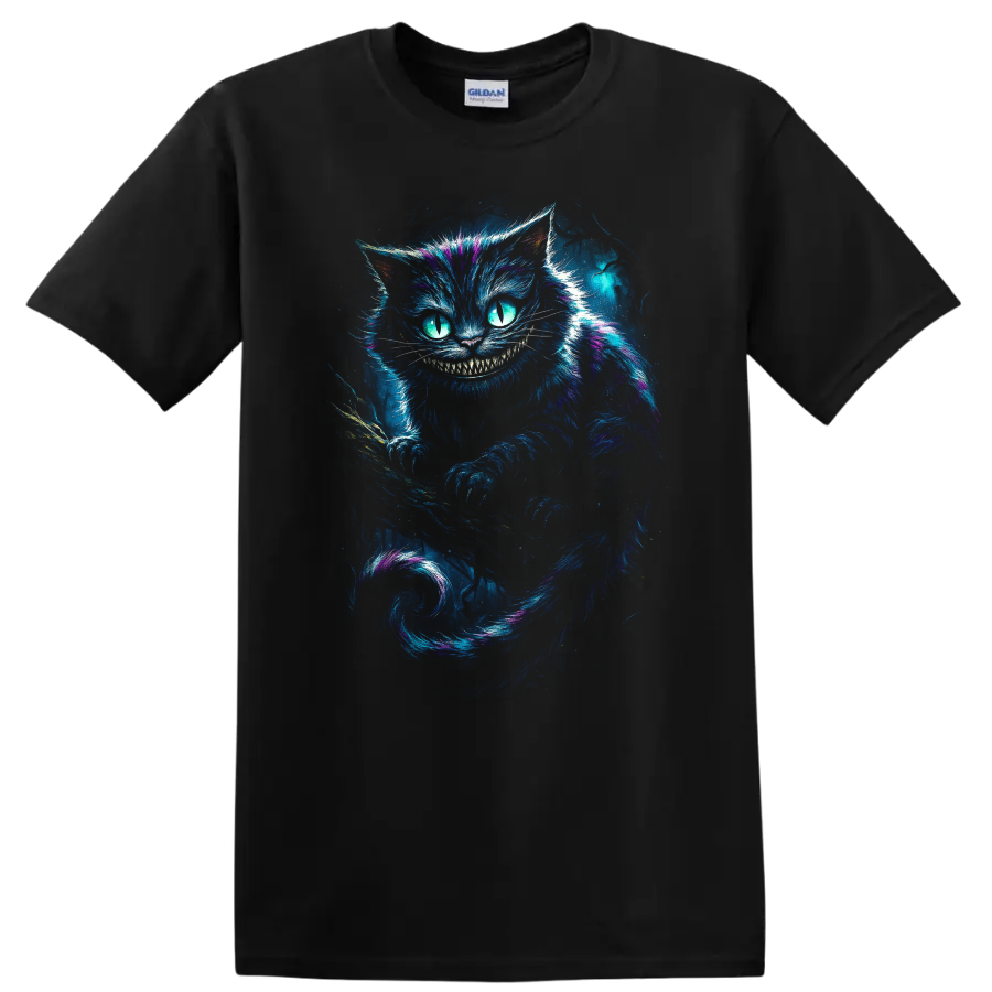 Glowing Cheshire Cat with neon grin and blue purple fantasy art T shirt on a Black T Shirt