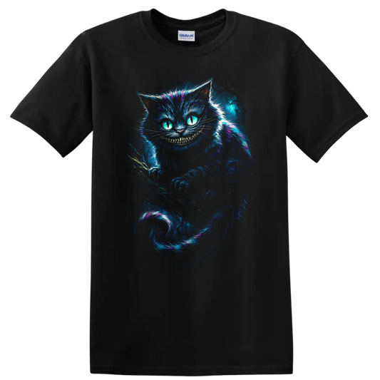 Glowing Cheshire Cat with neon grin and blue purple fantasy art T shirt on a Black T Shirt