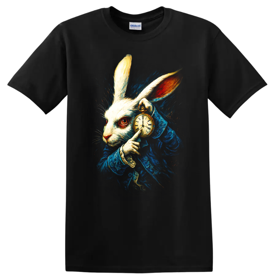 White Rabbit in blue coat holding a pocket watch, Alice in Wonderland style T shirt graphic on a Black T Shirt