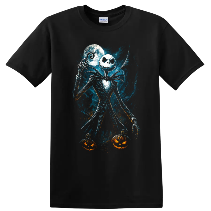 Jack Skellington-inspired gothic figure with moon and pumpkins T - Black