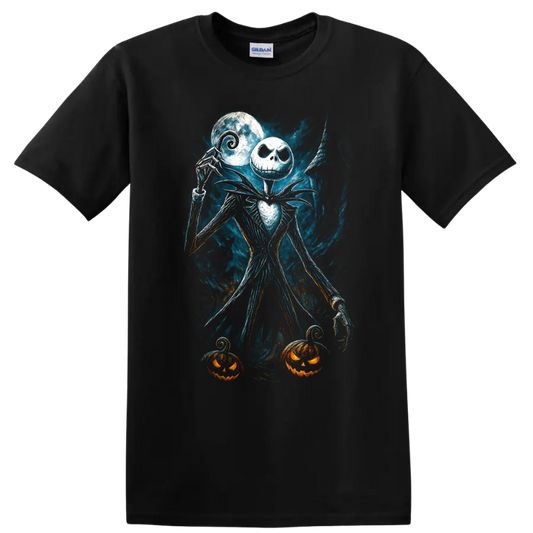Jack Skellington-inspired gothic figure with moon and pumpkins T Shirt on a Black T Shirt