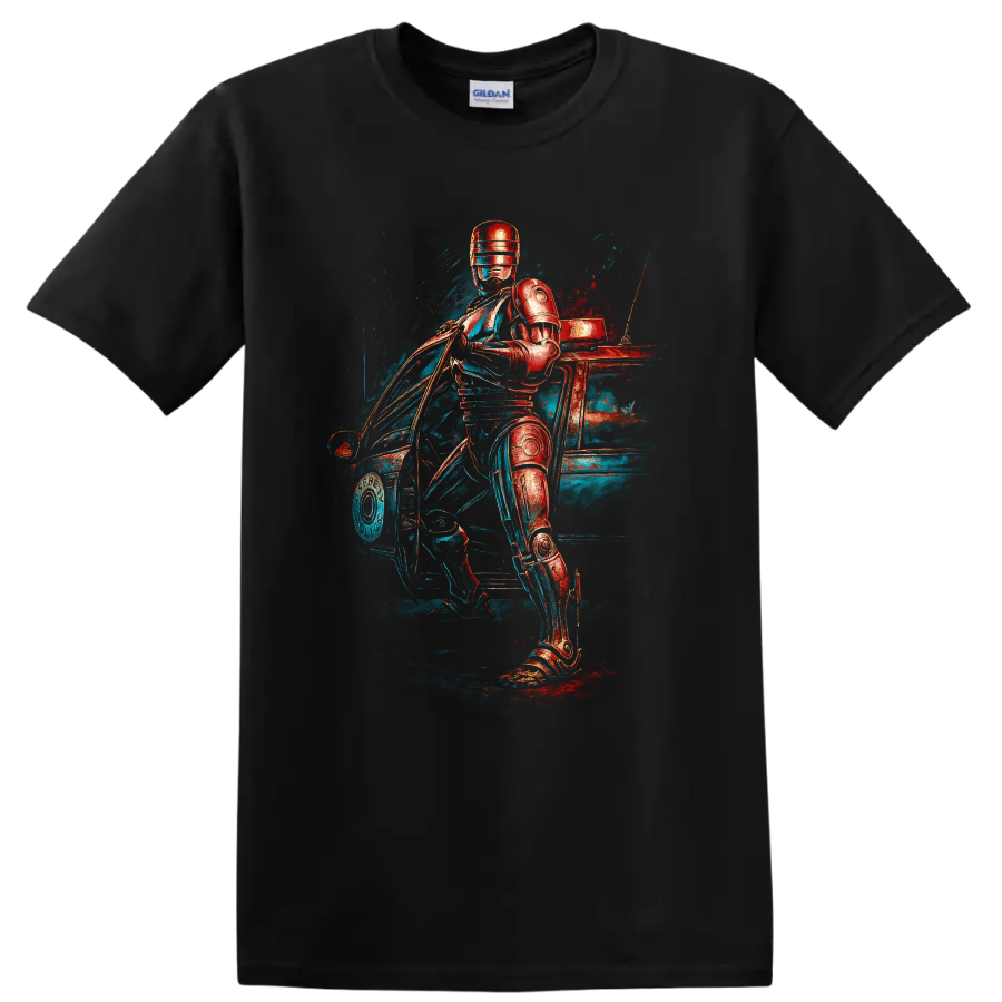 RoboCop neon sci fi artwork with armored police hero beside a car T shirt on a Black T Shirt
