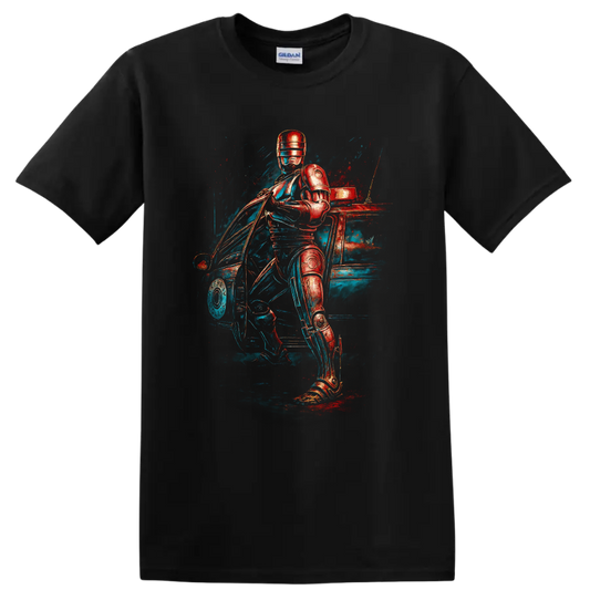 RoboCop neon sci fi artwork with armored police hero beside a car T shirt on a Black T Shirt