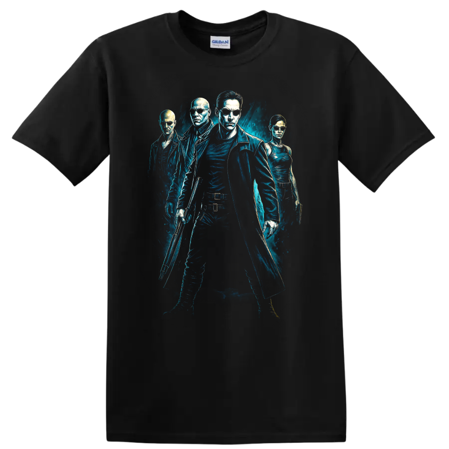 The Matrix inspired blue neon movie graphic T Shirt with four characters on a Black T Shirt